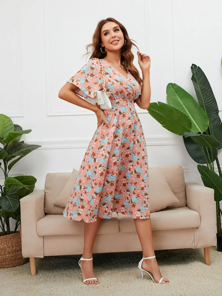 Women Summer V Neck Short Sleeve Floral Printed Casual Dress - WD8013