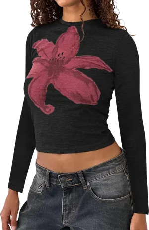 Women Y2k Graphic Baby Tee Long Sleeve Printed Crop Top Teen Girls Slim Fit Aesthetic Flower Shirt Streetwear