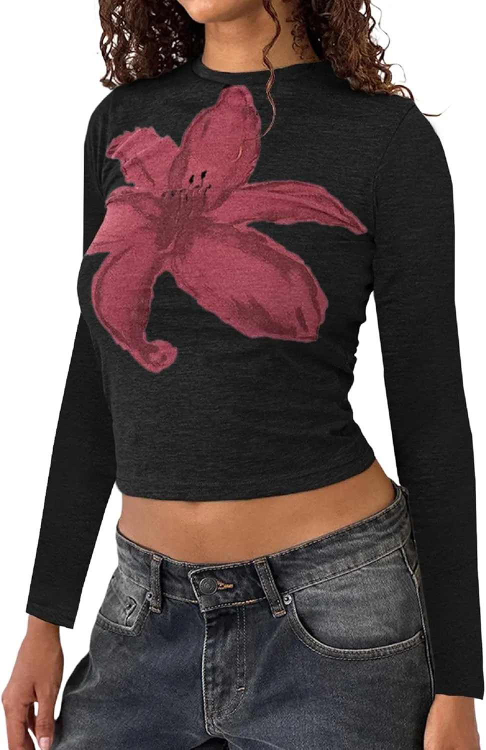 Women Y2k Graphic Baby Tee Long Sleeve Printed Crop Top Teen Girls Slim Fit Aesthetic Flower Shirt Streetwear