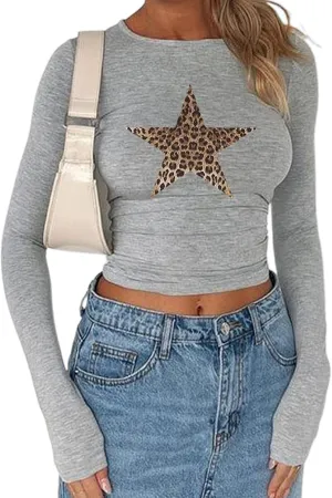 Women Y2k Graphic Baby Tee Long Sleeve Printed Crop Top Teen Girls Slim Fit Aesthetic Flower Shirt Streetwear