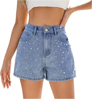 Womens Jean Shorts Stretchy High Waisted 2025 Straight Leg Vintage Casual Stud Distressed Denim Shorts with Pockets