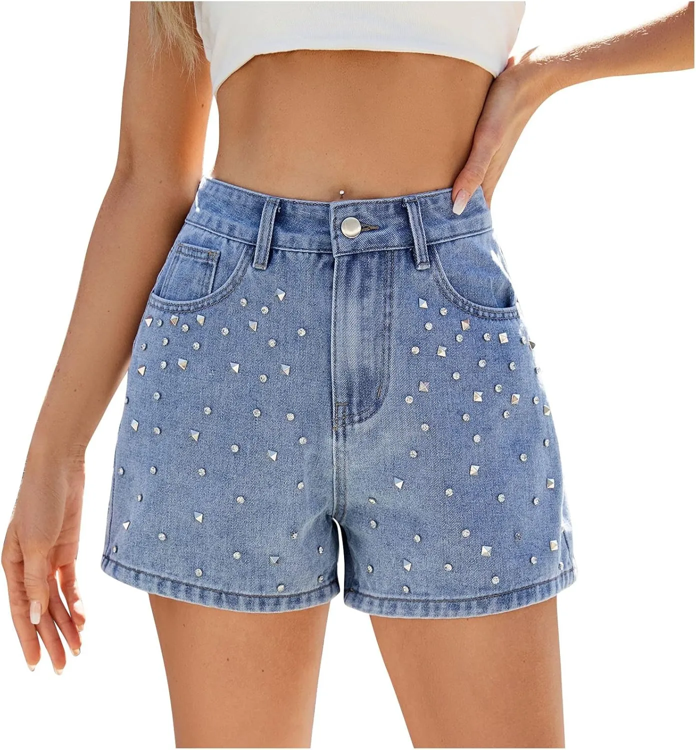 Womens Jean Shorts Stretchy High Waisted 2025 Straight Leg Vintage Casual Stud Distressed Denim Shorts with Pockets