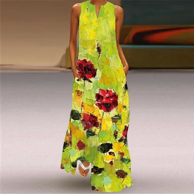 Yeknu Yeknu New Fashion Butterfly Print Summer Dress Casual Sexy Boho Beach Dresses Women V-neck Sleeveless Pocket Large size Long Dress