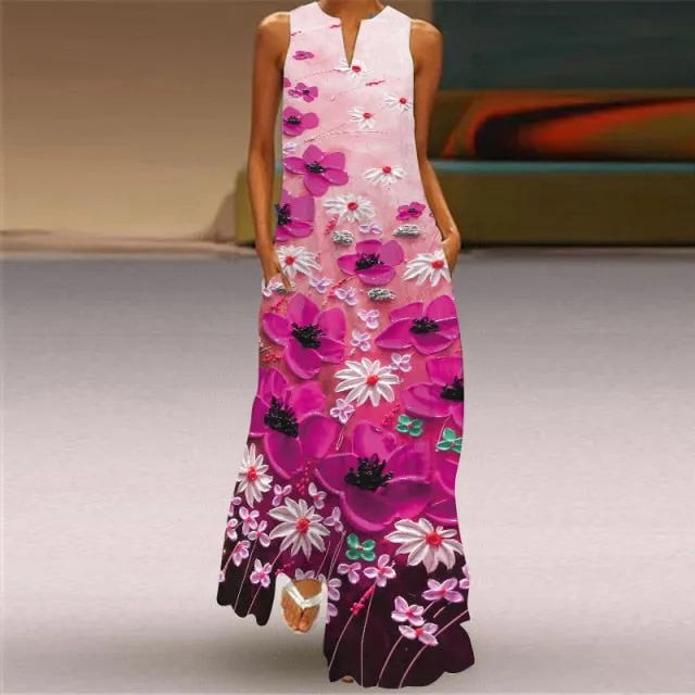 Yeknu Yeknu New Fashion Butterfly Print Summer Dress Casual Sexy Boho Beach Dresses Women V-neck Sleeveless Pocket Large size Long Dress